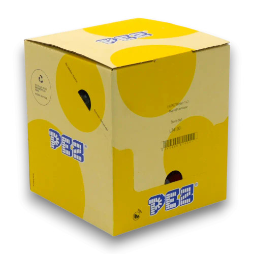 Marvel Pez Candy Dispensers 6-pack display box, showcasing yellow Pez branding, available at The Professors Online Lolly Shop.