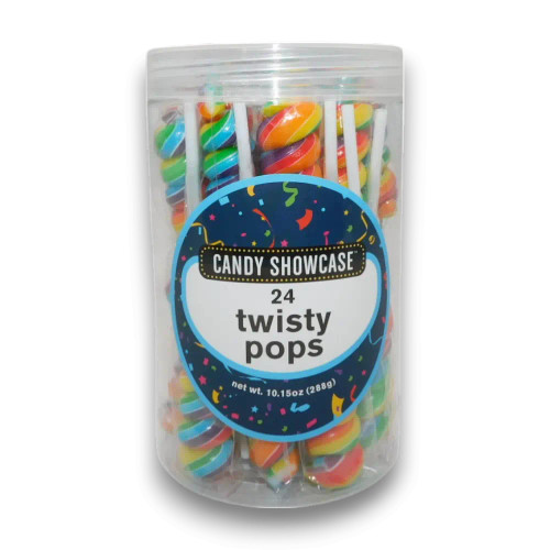 Candy Showcase Twisty Pops Rainbow 24 x 12g tub, perfect for candy buffets, available at The Professors Online Lolly Shop Candy Showcase Twisty Pops Rainbow 24 x 12g tub, perfect for candy buffets, available at The Professors Online Lolly Shop