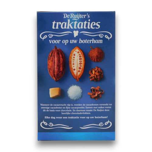 De Ruijter Milk Chocolate Flakes 200g packaging showcasing product details and branding, available at The Professors.