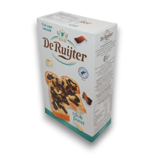 Chocolate and vanilla mixed flakes by De Ruijter in a 200g box, ideal for toast, ice cream, and more, available at The Professors. Chocolate and vanilla mixed flakes by De Ruijter in a 200g box, ideal for toast, ice cream, and more, available at The Professors.
