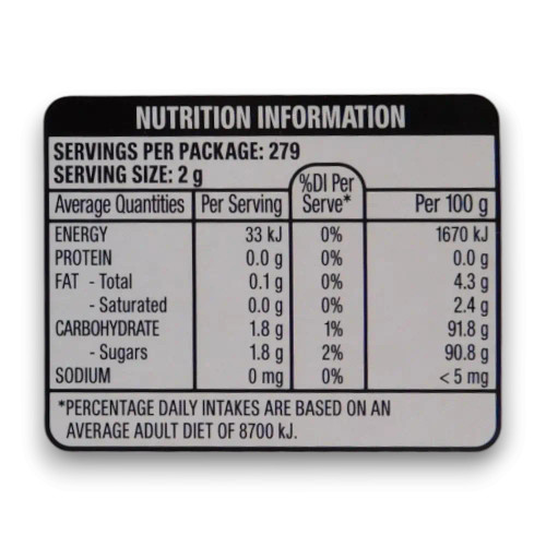Nutritional information of Eclipse Chewy Mints Spearmint 6 x 93g tubs.