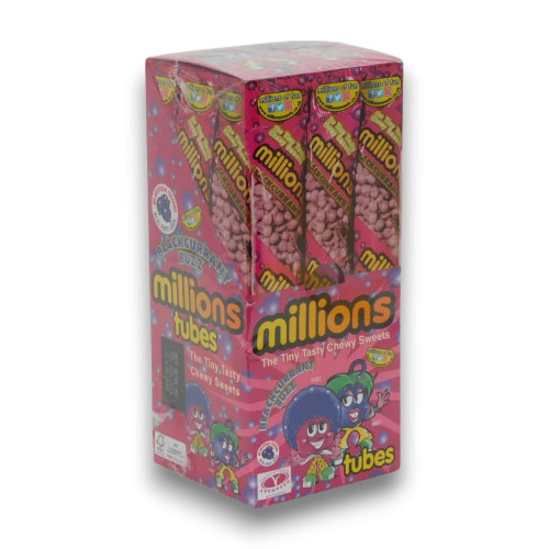 Millions Tubes Blackcurrant 12-pack box featuring fun branding and chewy sweet details, available at The Professors.