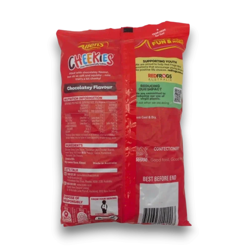 Allens Cheekies 1.3kg bag with product information and nutrition panel from The Professors Online Lolly Shop.