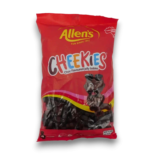 Allens Cheekies 1.3kg bag showing chocolate flavoured jelly babies available at The Professors Online Lolly Shop.