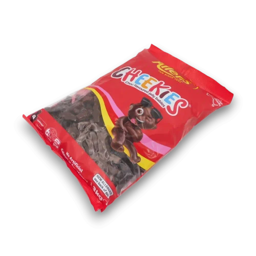 Allens Cheekies 1.3kg bag displaying chocolate flavoured jelly babies available at The Professors Online Lolly Shop.