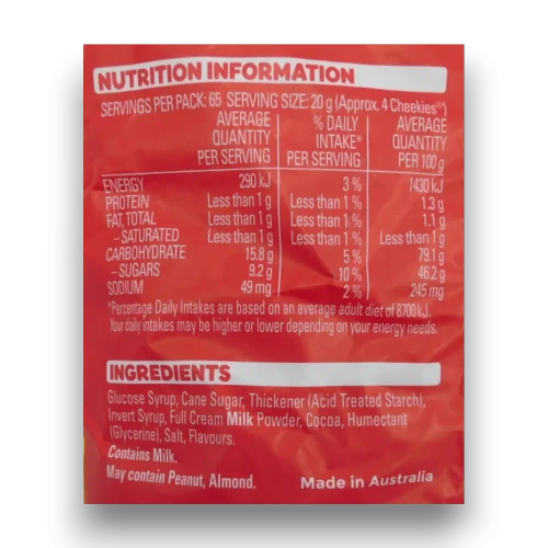 Nutrition panel and ingredients for Allens Cheekies 1.3kg bag available at The Professors Online Lolly Shop.