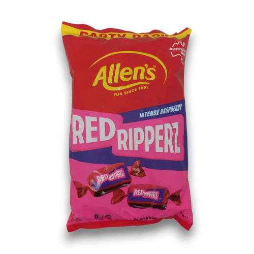 Allens Red Ripperz Intense Raspberry 800g bag displaying chewy raspberry lollies, available at The Professors Online Lolly Shop.