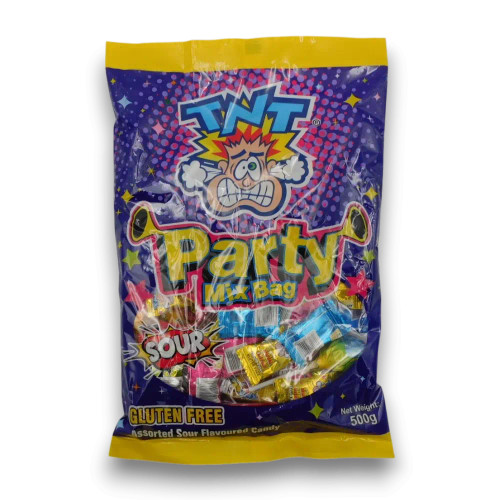 TNT Party Mix 500g bag showing assorted sour and gummy lollies, available at The Professors Online Lolly Shop. TNT Party Mix 500g bag showing assorted sour and gummy lollies, available at The Professors Online Lolly Shop.