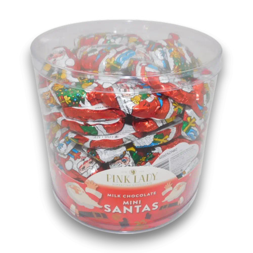 Pink Lady Solid Milk Chocolate Santas individually wrapped in festive foil, packaged in a clear 2kg tub, perfect for Christmas celebrations Pink Lady Solid Milk Chocolate Santas individually wrapped in festive foil, packaged in a clear 2kg tub, perfect for Christmas celebrations