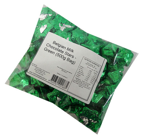 Belgian Milk Chocolate Stars - Green and more Confectionery at The Professors Online Lolly Shop. (Image Number :17298)