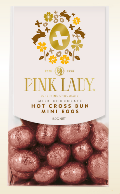 Pink Lady - Mini Hot Cross Bun Milk Chocolate Eggs (180g bag)