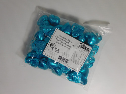 Chocolate Gems - Chocolate Hearts - Light Blue Foil (500g bag / approx 60 pieces)