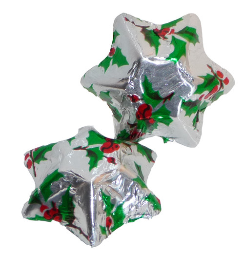 Chocolate Gems - Chocolate Stars - Holly Foil, by Chocolate Gems,  and more Confectionery at The Professors Online Lolly Shop. (Image Number :5135)
