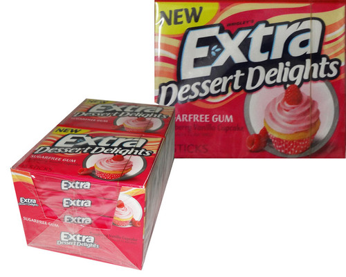 Extra Dessert Delights Raspberry Vanilla Cupcake, by Wrigley,  and more Confectionery at The Professors Online Lolly Shop. (Image Number :6422)