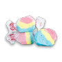 Close-up of Shaved Ice flavoured Taffy Town salt water taffy pieces in pastel pink, blue and yellow colours, available at The Professors