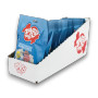 Right side angle of Taffy Town Sugar Free Assortment shipping carton for 12 x 85g taffy bags, available at The Professors