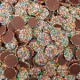 Hugos Chocolates Milk Choc Sparkles topped with multi-coloured sprinkles, supplied in an 8kg bulk box.