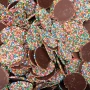 Hugos Chocolates Mega Sparkles 8kg showing milk choc discs topped with multicoloured jewels at The Professors