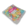 Left angled view of Lolliland Rainbow Rings 1kg bulk bag showing blue, yellow, green, pink and purple gummies.