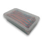 TNT Blue Raspberry Sour Straps 1.68kg plastic tub showing blue and pink striped candy straps, available at The Professors Online Lolly Shop.
