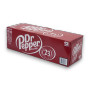 Dr Pepper 12-pack 355ml cans with iconic red packaging in a display unit, featuring its authentic blend of 23 flavours.