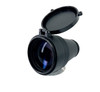 Close up angled front view of the black 3X Military Magnifier Lens for night vision devices featuring an open objective flip cap and multi-coated glass