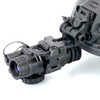 Close up angled view of a PVS-14 night vision device deployed down on a helmet mount utilizing the secure dovetail kit upgrade