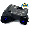 Angled front view of the black DesignateIR-V Three Beam Laser highlighting the green visible infrared laser and VCSEL IR illuminator emitters