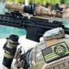 Custom tactical rifle with a turn key custom helmet package featuring a Multicam wrapped PVS-14 with mounted RH25