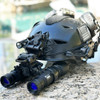 Angled profile of a complete custom ARNVG turn key night vision helmet package featuring articulating dual tubes and a rear battery pack