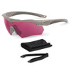 Angled front view of the ESS Tan Crossbow ballistic sunglasses equipped with the LPL-5 532nm green laser protection lens and retention strap