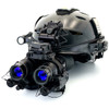 Angled front view of the complete Force Multiplier Kit featuring dual bridged AN PVS-14 White Phosphor night vision monoculars mounted on a tactical helmet