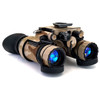 Angled top view of the MultiCam Arid Banshee night vision goggle highlighting the articulating optical pods and bridge assembly