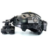 Side profile of the Alpha articulating night vision goggle integrated onto a tactical helmet setup