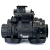 Top down profile view of the Alpha dual tube night vision goggle housing and IPD adjustment controls
