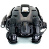 Front view of the Alpha dual tube night vision goggle mounted on a tactical helmet with optical pods stowed upward