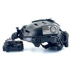 Side angle view of the refurbished F5050 dual tube night vision goggle integrated onto a tactical helmet
