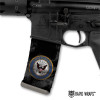 Side profile of an AR-15 lower receiver showing a tactical magazine customized with the black and white US Navy logo Mag Wraps decal skin