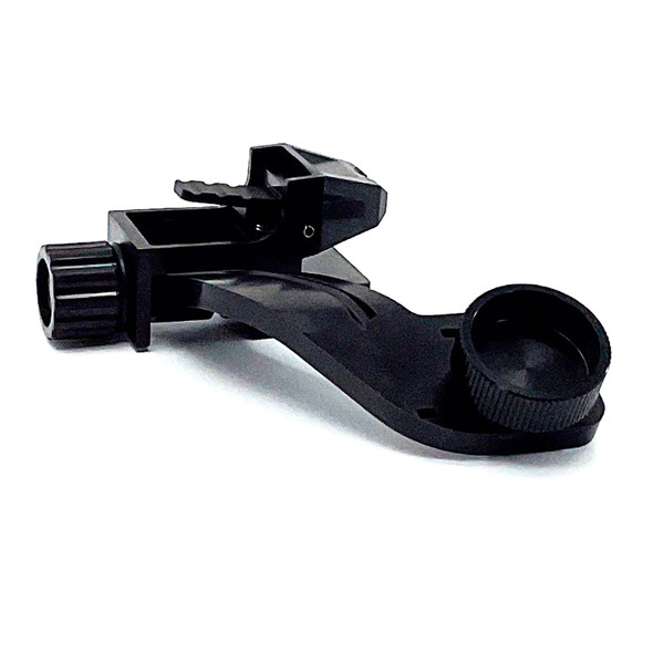 Angled top view of the black PVS-14 and 6015 Transfer Arm J-Arm adapter highlighting the monocular attachment thumbscrew and automatic shut-off electrical contacts