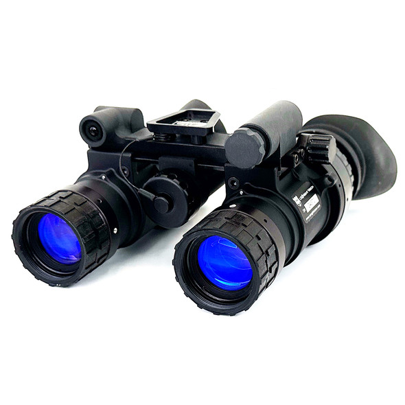 Angled front right view of the RNVG Gen III White Phosphor dual tube night vision goggles highlighting the ruggedized aluminum housing