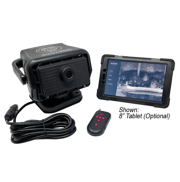 Complete system view of the NightRide 360 Magnetic PTZ Thermal Camera showing the main unit power cable remote and optional tablet display