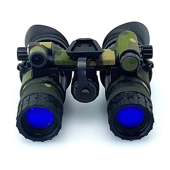 Front view of RNVG night vision binoculars protected by the Multicam 500D Cordura wrap by Reese Wraps