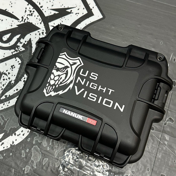 Closed view of the rugged black Nanuk 905 Dual Tube Night Vision Hard Case highlighting the US Night Vision exterior logo