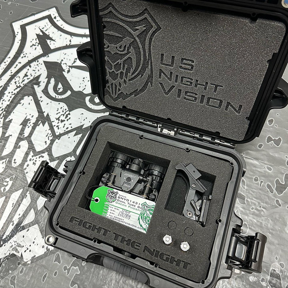 Open view of the black Dual Tube Night Vision Hard Case Nanuk 905 featuring custom protective foam and USNV branding