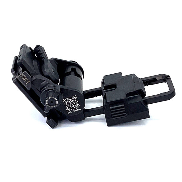 Angled side profile of the black Wilcox G24 Lite NVG helmet mount in the deployed position