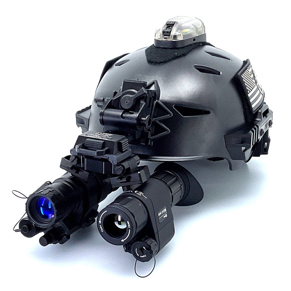 Angled view of a tactical helmet setup utilizing the ICT1888 dovetail adapter to bridge an InfiRay MH25 thermal with a night vision monocular