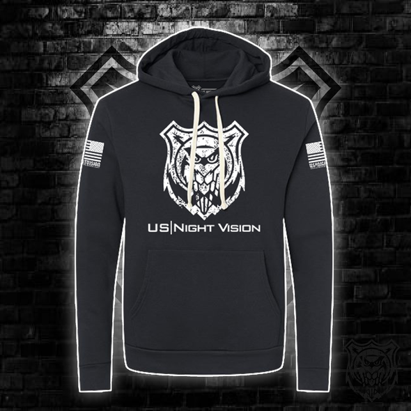 Front view of the US Night Vision Branded Hoodie in White and Black featuring a large USNV chest logo and sleeve flag graphics