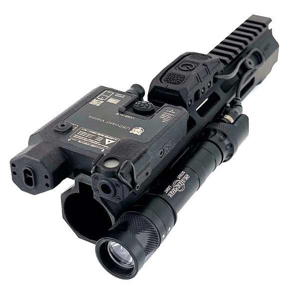 Angled front view of the Black USNV Advanced Mission Ready Kit featuring the Emissary Alternator and integrated weapon light