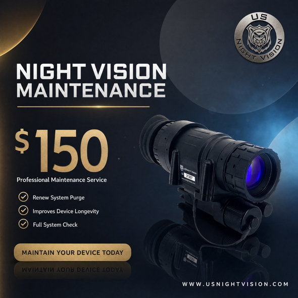 Promotional graphic for USNV System Maintenance service featuring an AN PVS-14 night vision monocular and detailing benefits like nitrogen purging and full system checks