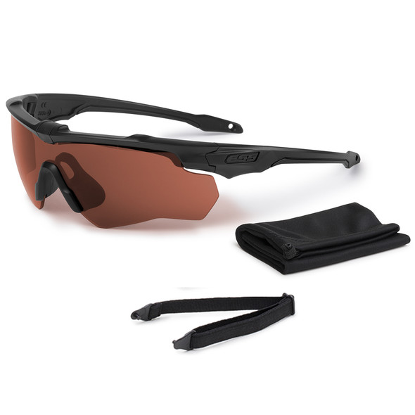 Angled front view of the ESS Black Crossbow ballistic sunglasses equipped with the LPL-3B 3-band laser protection lens and retention strap